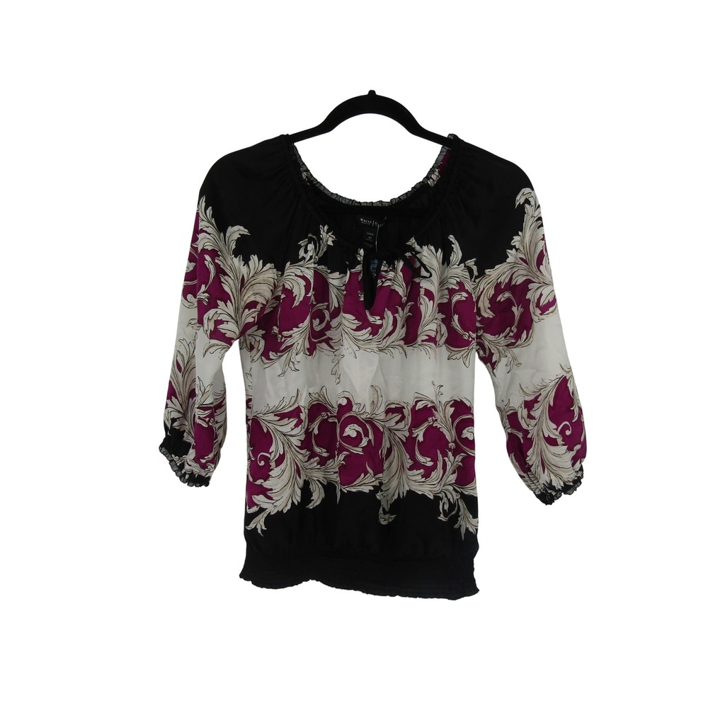 White House Black Market Silk Blouse Womens XS Black Magenta Baroque Smocked Hem